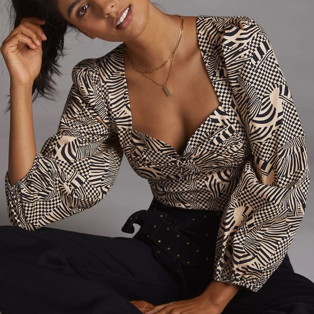 FARM Rio Black and Cream Geometric Blouse